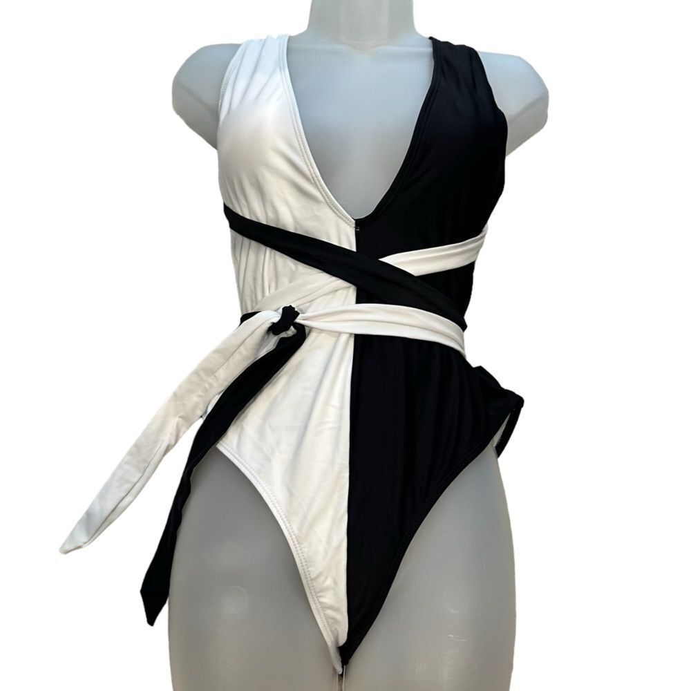 Black White Two Tone Wrap Around One Piece Cheeky High Low Minimalist Swim Suit